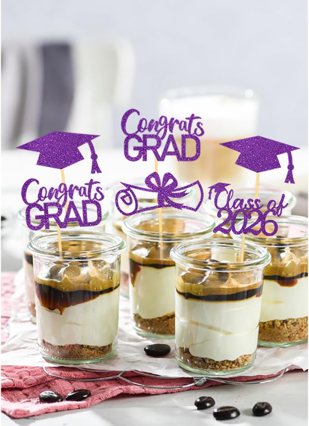 2026 Graduation Theme Cupcake Toppers Glitter Class of 2026 Graduation Cap Diploma Cupcake Picks - Set of 24 (Gold)