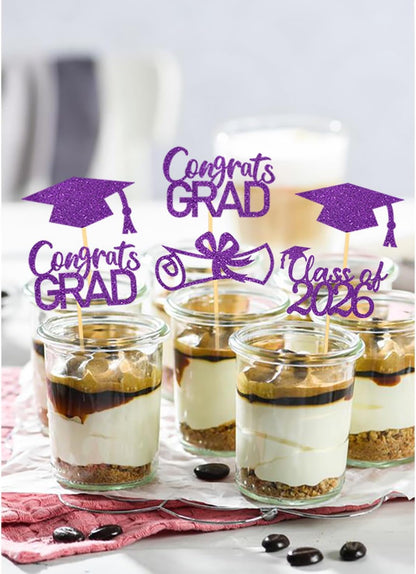 2026 Graduation Theme Cupcake Toppers Glitter Class of 2026 Graduation Cap Diploma Cupcake Picks - Set of 24 (Gold)