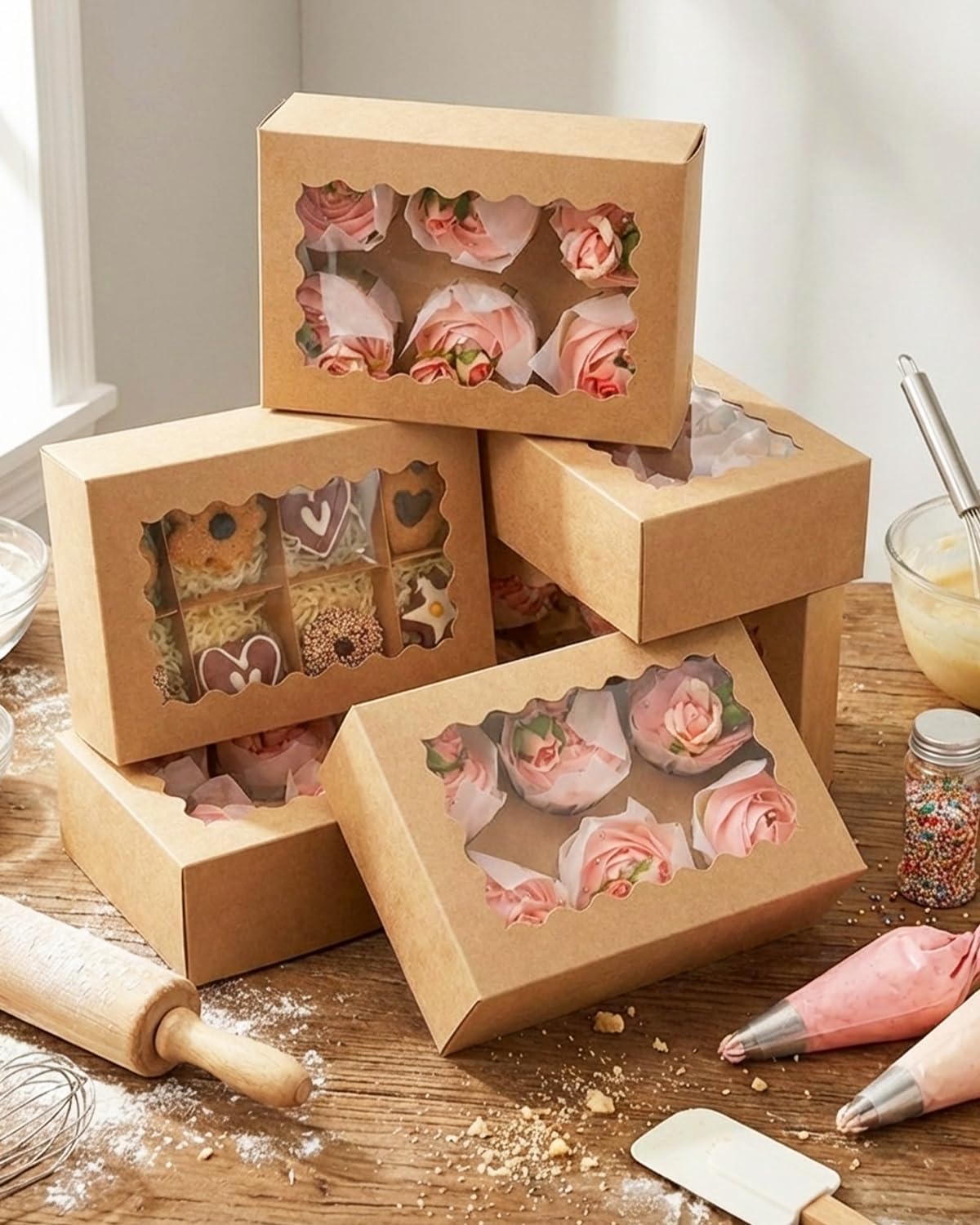 qiqee Auto-pop Up Cupcake Boxes with Window White 40PCS 12 Count Cupcake Box 13"x10"x3.5" Cupcakes Carrier, 12 Cupcake Containers with 2 rolls of pink ribbons