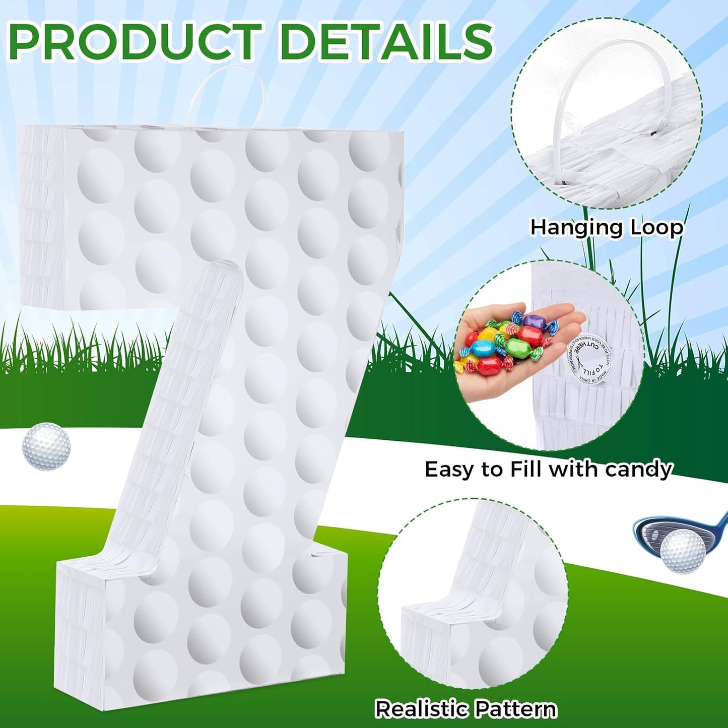 Gemscream Golf Number 7 Piñata with Stick Blindfold and Confetti Golf Birthday Decorations Sports Themed Piñata 7th Birthday Party Supplies