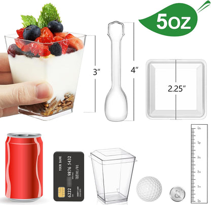 Eupako 100 Pack 5 oz Square Clear Plastic Dessert Cups with Spoons Small Clear Plastic Tumbler Cups Great for Desserts, Appetizers, Puddings, Mousse, Parfait