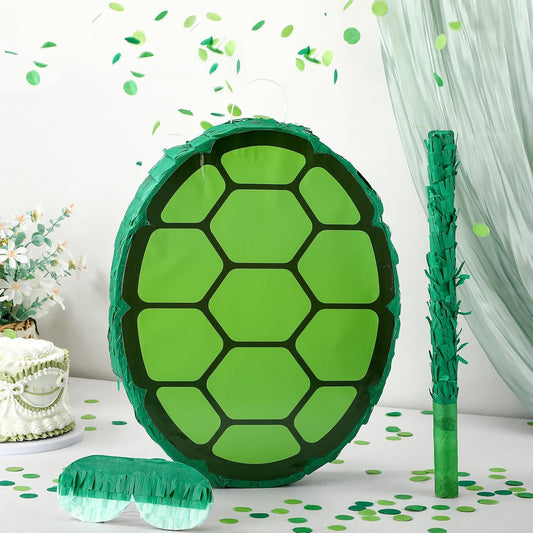 4 Pcs Green Turtle Piñata Birthday Decorations 12.6 x 3.1'' Turtle Piñata Set with Batting Stick Eye Mask Blindfold and Confetti for Birthday Decorations Props