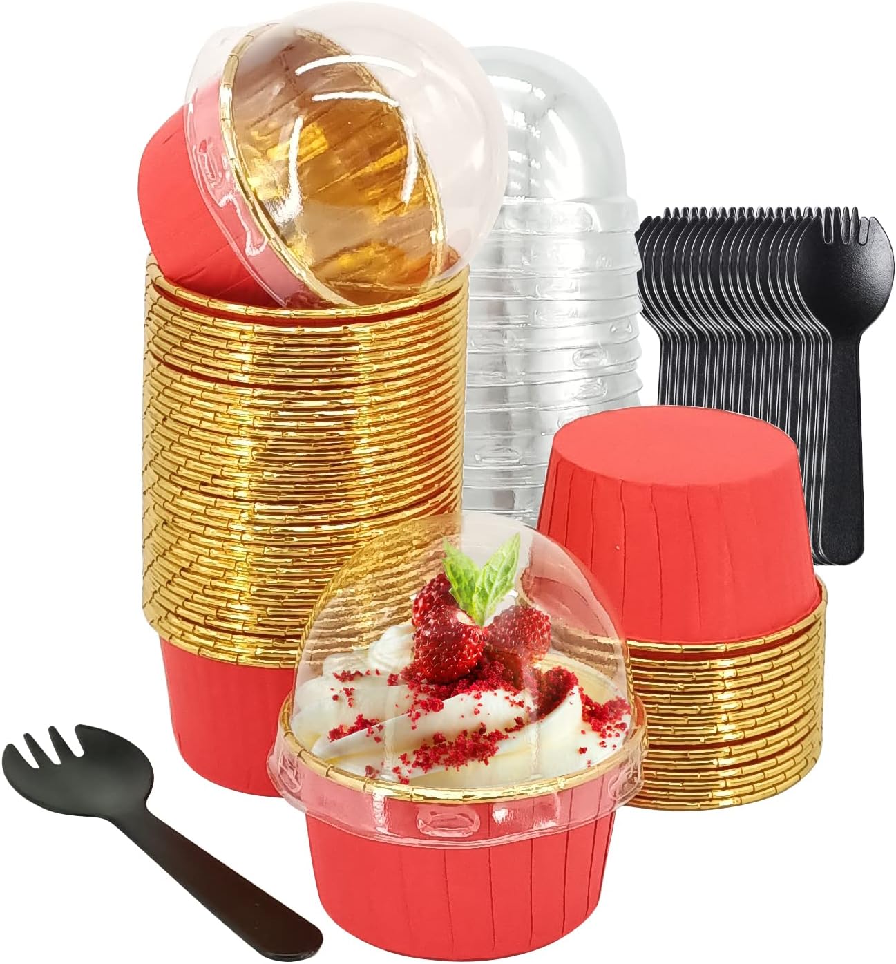 Cupcake Liners with Lids 50 Pack,LNYZQUS 5oz Large Foil Cupcake Cups Muffin Tins,Disposable Baking Cups Muffin Liners Wrappers Holders for Wedding Valentine-Pink in gold