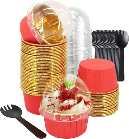 Cupcake Liners with Lids 50 Pack,LNYZQUS 5oz Large Foil Cupcake Cups Muffin Tins,Disposable Baking Cups Muffin Liners Wrappers Holders for Wedding Valentine-Pink in gold