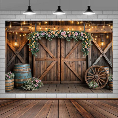 10x8ft Country Wedding Photography Backdrop Rustic Barn Door Photography Backdrop Farmhouse Pink Flower Cabin Wooden Birthday Baby Shower Wedding Bridal Party Banner Photo Booth Props Background
