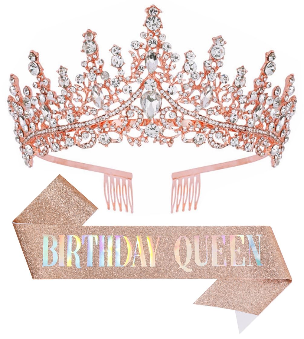 Birthday Tiara Crown with Sash for Women, Headband Hair Accessories for Wedding Party Costume