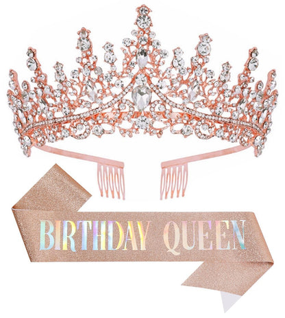 Birthday Tiara Crown with Sash for Women, Headband Hair Accessories for Wedding Party Costume