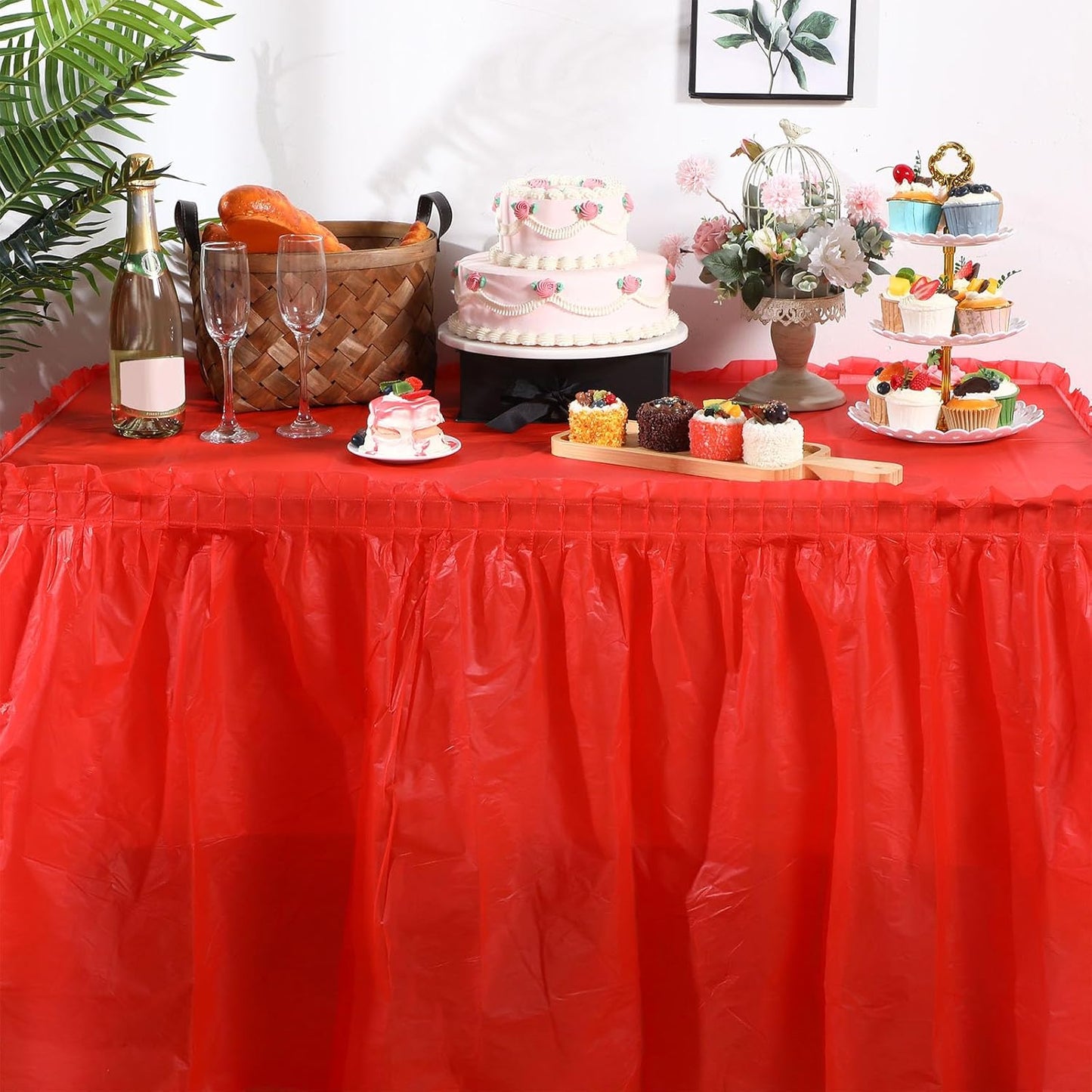 Oudain 6 Pcs Plastic Table Skirts and Stainproof Table Cloths 54 x 108 in Plastic Ruffle Tablecloth 168 x 29 Inches Disposable for Wedding Baby Shower Valentine Spring Easter Party(White)