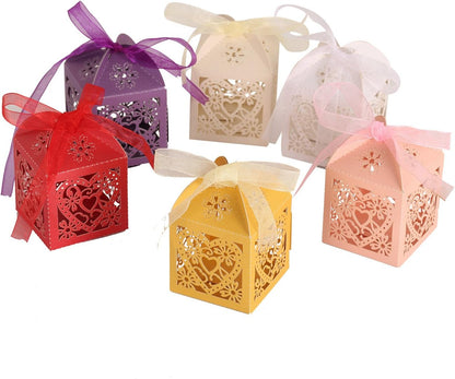 KPOSIYA 100 Pack Love Heart Laser Cut Wedding Party Favor Box Candy Bag Chocolate Gift Boxes Bridal Birthday Shower Bomboniere with Ribbons