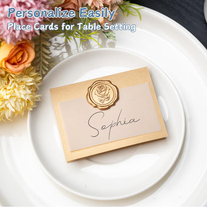 25 Pack Name Cards for Table Setting, Printable Place Cards with Antique Gold Rose Wax Seal Sticker for Wedding, Table Tent Card Stock Decor for Party, Dinner, Home(Pearlized Champagne Gold)