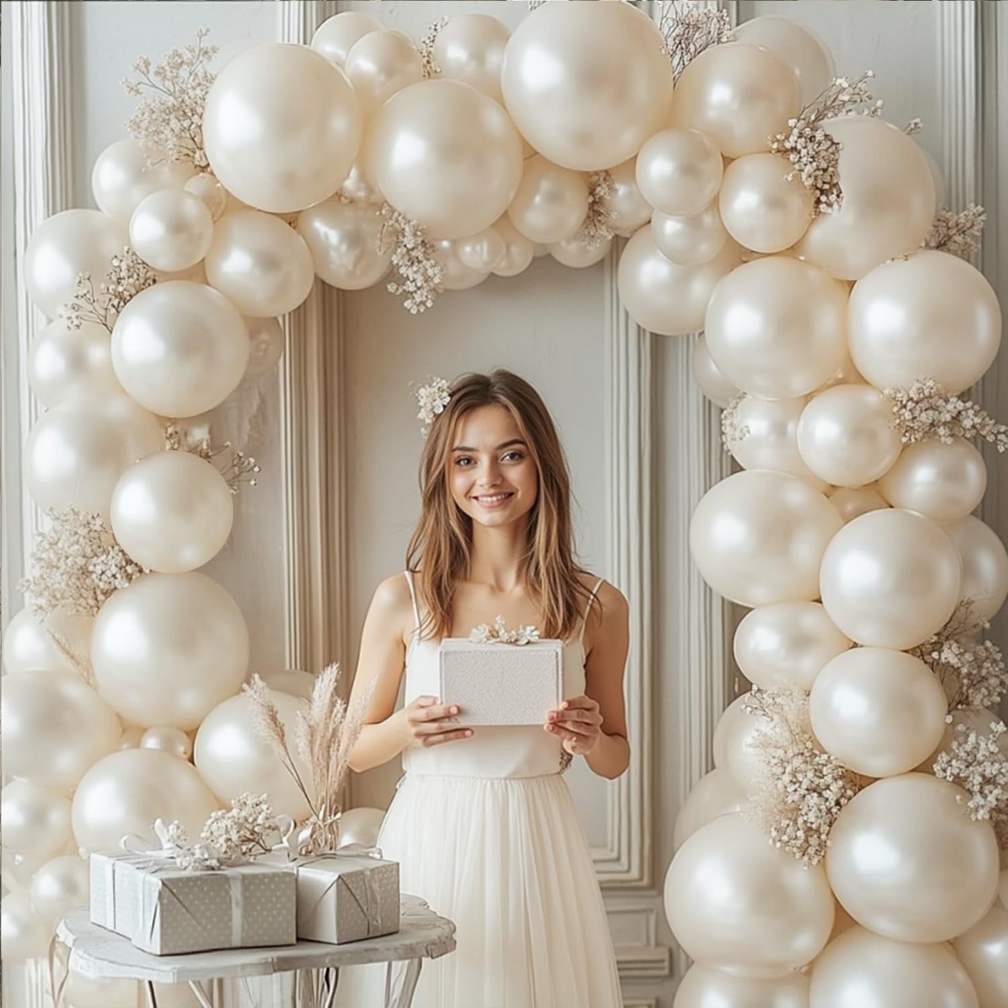 Pearl White Balloon Arch Kit,Double Stuffed Pastel White Cream Ivory Balloons Garland Kit Different Sizes 18/12/10/5 inch White Latex Balloon for Wedding Birthday Bridal Shower Party Decorations