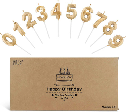 BEAN LIEVE Number Candles 0-9 Set - 10-Pack Diamond-Cut Birthday Candles, Cake Candles - Bulk Cake Decor for 1st-98th Birthdays, Photos, Parties - Kids Women Family Celebrations (Champagne Gold)