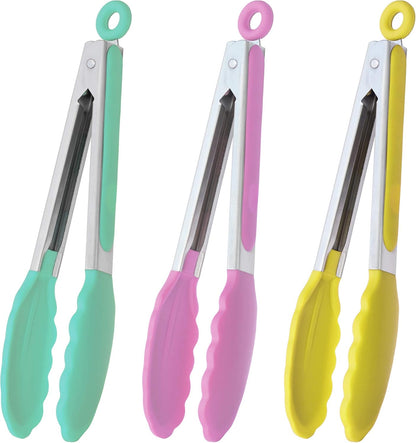 HINMAY Serving Tongs 9-Inch Cooking Tongs with Silicone Tips, Set of 3 (Black)