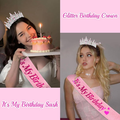 CURASA Birthday Tiara and Sash - Silver Birthday Crown for Women, Perfect for Parties and Celebrations