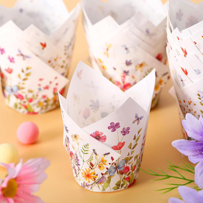 Vesici 200 Counts Wildflower Tulip Cupcake Liners Wildflower Baby Shower Decorations Liners Tulip for Baking Cups for Spring Easter Bridal Shower Wedding Festival Party
