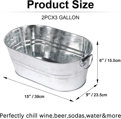 Galvanized Tub Beverage Tubs, 2pcs Metal Ice Buckets for Cocktail Bar 3 Gallon Wine Beer Drink Buckets with Handles Large Tub Cooler Mimosa Bar Supplies Ice Bucket for Parties 15x9.6x6inch (Black)