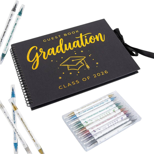2026 Graduation Guest Book, Black and Gold Graduation Scrapbook Album with Ribbon Tie With 10 Different Colored Double Headed Markers for High School College Grad Party Decorations and Keepsake Gifts