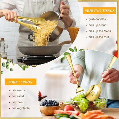 10PCS 18/8 Stainless Steel Serving Utensils Set for Parties, Kitchen Serving Tools-Include Serving Spoons, Slotted Spoons, Serving Forks Tongs Soup Ladle, Cake Pie Server for Buffet, Wedding