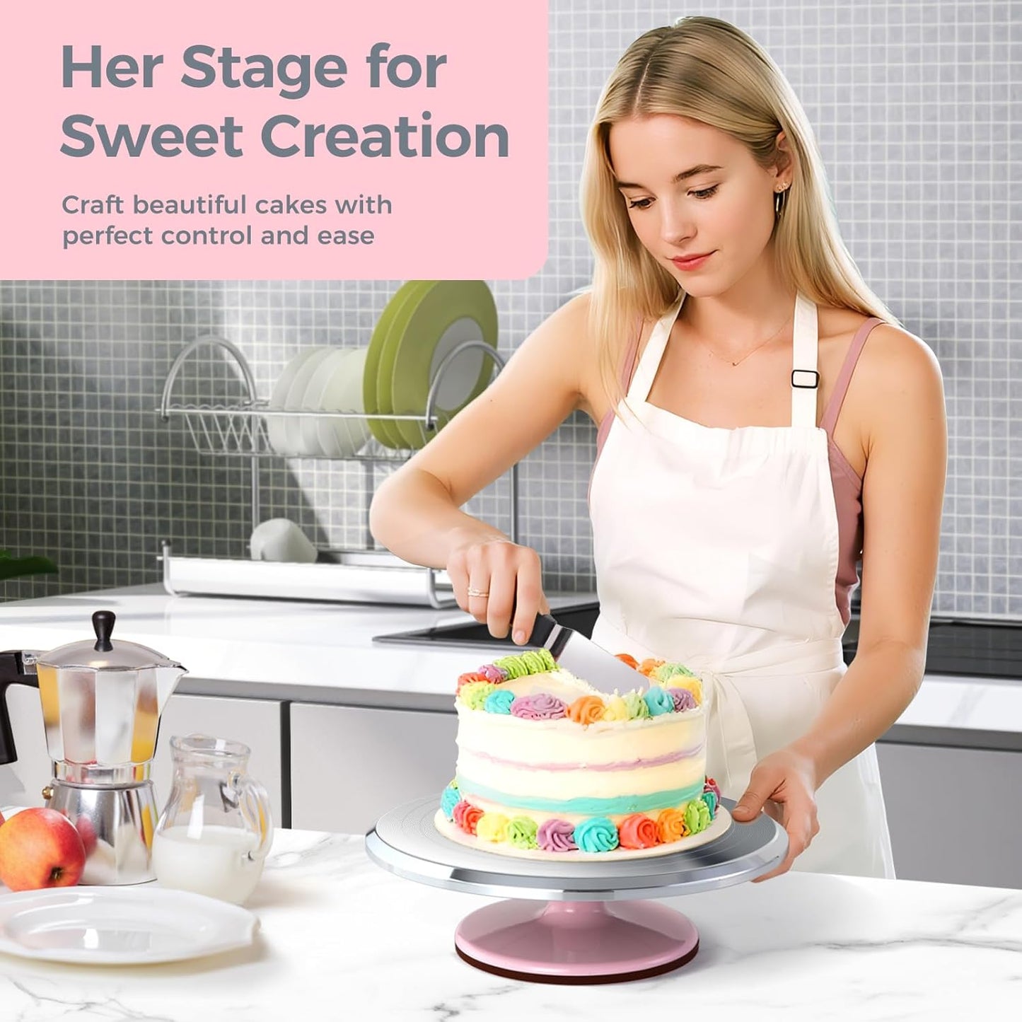 Cake Turntable, Ohuhu Aluminium 12'' Cake Decorating Kit Supplies Rotating Stand Revolving Spinner with 2 Icing Spatula 3 Comb Smoother