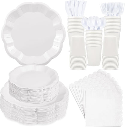 NatNarr 175 Pcs Sage Green Plates and Napkins Set, 25 Guest Sage Green Party Supplies Include Scalloped Paper Plate Napkin Cup Forks Knives Disposable Plastic Cutlery for Wedding Baby Shower Birthday