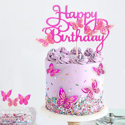 13-Pieces 3D Butterfly Cupcake Topper for Girls Women's Happy Birthday Cake Decorations Party Decorations(Pink)