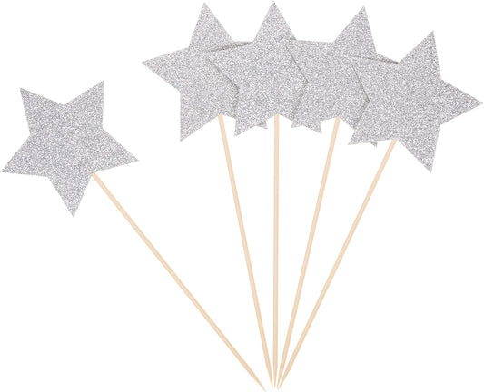 Silver Glitter Star Centerpiece Sticks Baby Birthday Party Table Toppers Baby Shower Flower Picks Twinkle Twinkle Little Star Decorations - Pack of 8