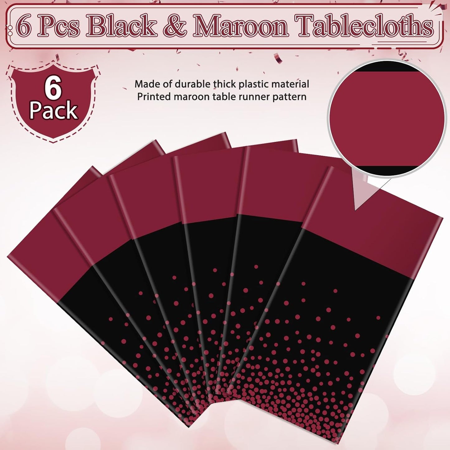 MASHAN 3Pcs Black and Red Tablecloth Party Decorations,Plastic Black Table Cloth Printed Red Table Runner Disposable Rectangle Cover for Birthday Weeding Anniversary Graduation Party,54 x108 Inch