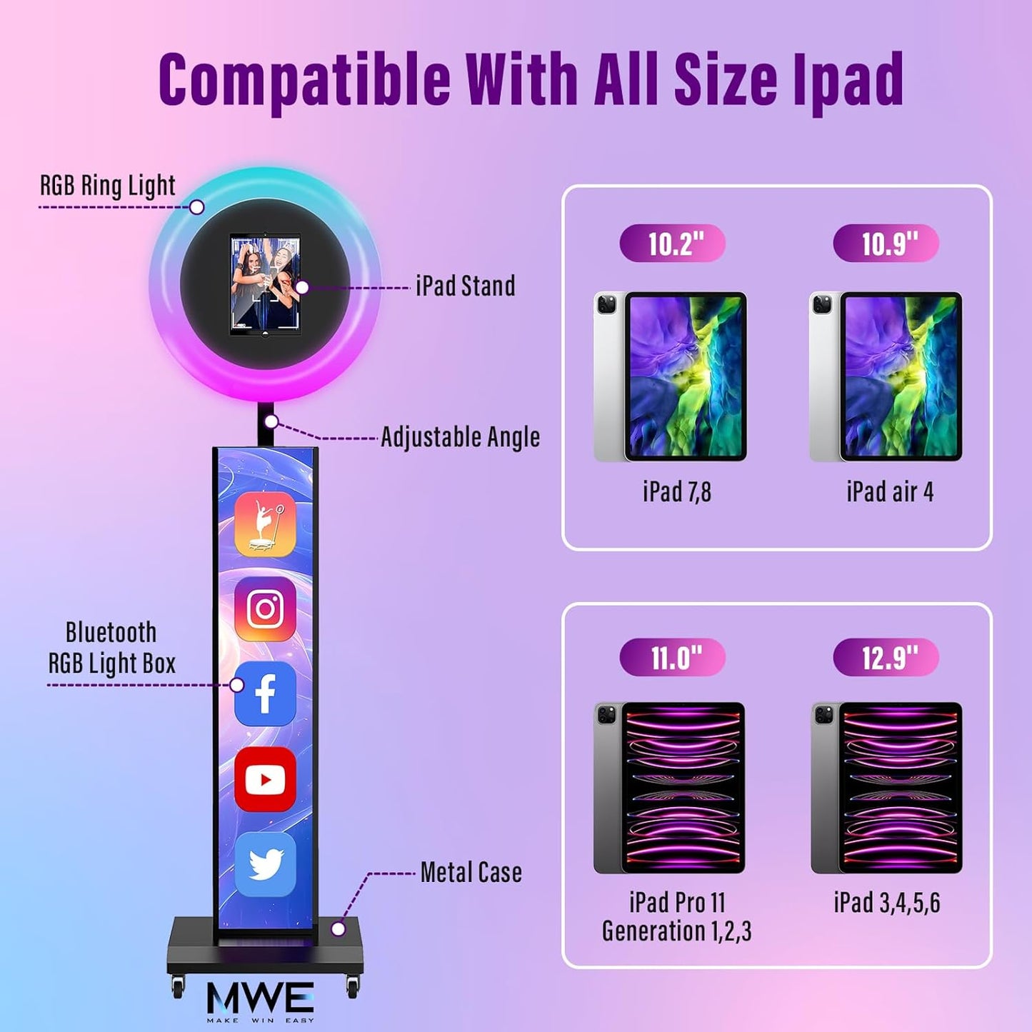 JIYANG Portable Photo Booth Compatible with Any Ipad,Photo Booth Stand Shell with ChackTok PhotoBooth VIP Member and Flight Case,Free Custom Logo,Perfect for Parties,Wedding and Events(White)