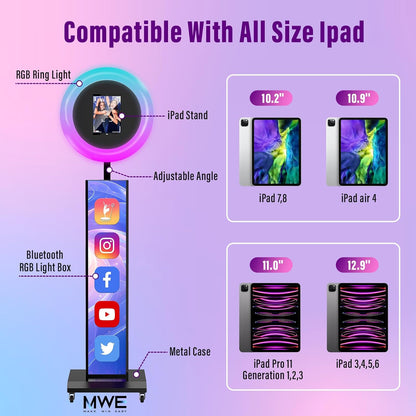 JIYANG Portable Photo Booth Compatible with Any Ipad,Photo Booth Stand Shell with ChackTok PhotoBooth VIP Member and Flight Case,Free Custom Logo,Perfect for Parties,Wedding and Events(White)