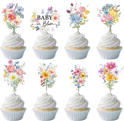 Rngmsi Flower Birthday Cupcake Toppers Decorations, 40PCS Wildflower Baby in Bloom Baby Shower Cake Decorations for Girls Women, Garden Floral Fairy Party Decor