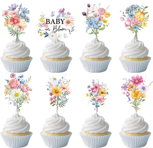 Rngmsi Flower Birthday Cupcake Toppers Decorations, 40PCS Wildflower Baby in Bloom Baby Shower Cake Decorations for Girls Women, Garden Floral Fairy Party Decor