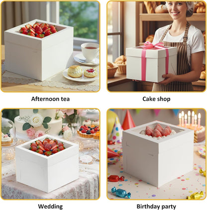 Moretoes 3 Pack Cake Boxes 12x12x8 Inch, Bakery Containers with Large Window, 12 Inch White Cake Carrier, Disposable Boxes for Birthday, Party, Cupcake Cookie Pie Pastry.