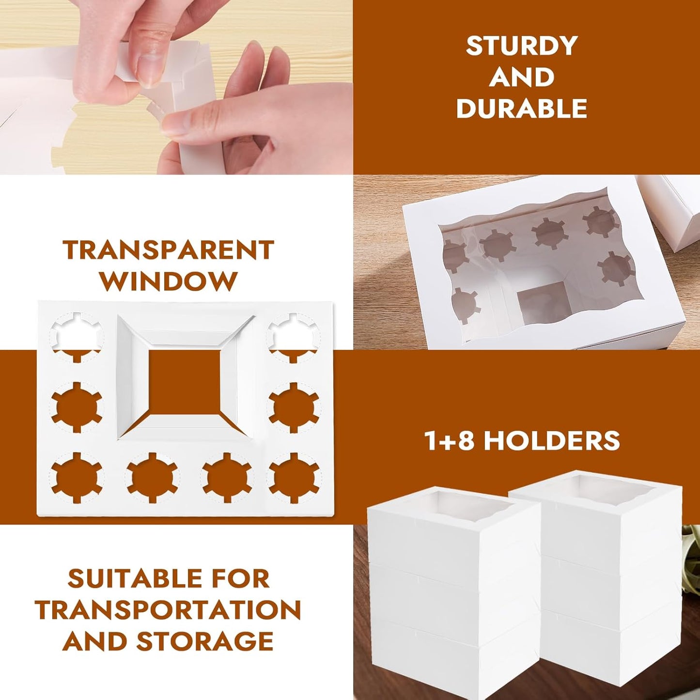 10 Packs Bento Cake and Cupcake Box 3 Holes Fit 2 Cupcakes and 1 Mini Cake Box with Clear Window and Stickers for Cake Cupcake Cookie or Easter and Mother’Day. (1+2/10pcs)