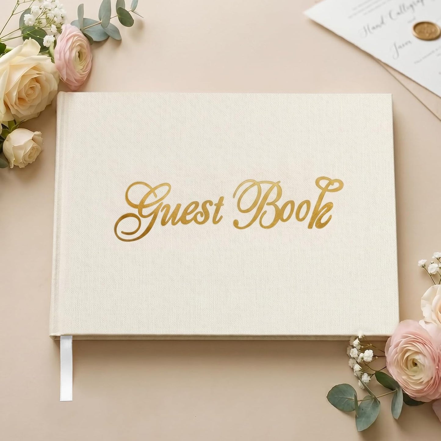 Guest Book for All Occasions – White Hardcover with Gold Foil, 120 Acid-Free Blank Pages, Includes Table Sign & Welcome Card | 8.66x6.69 Sign-in Book for Wedding, Party & Memorial