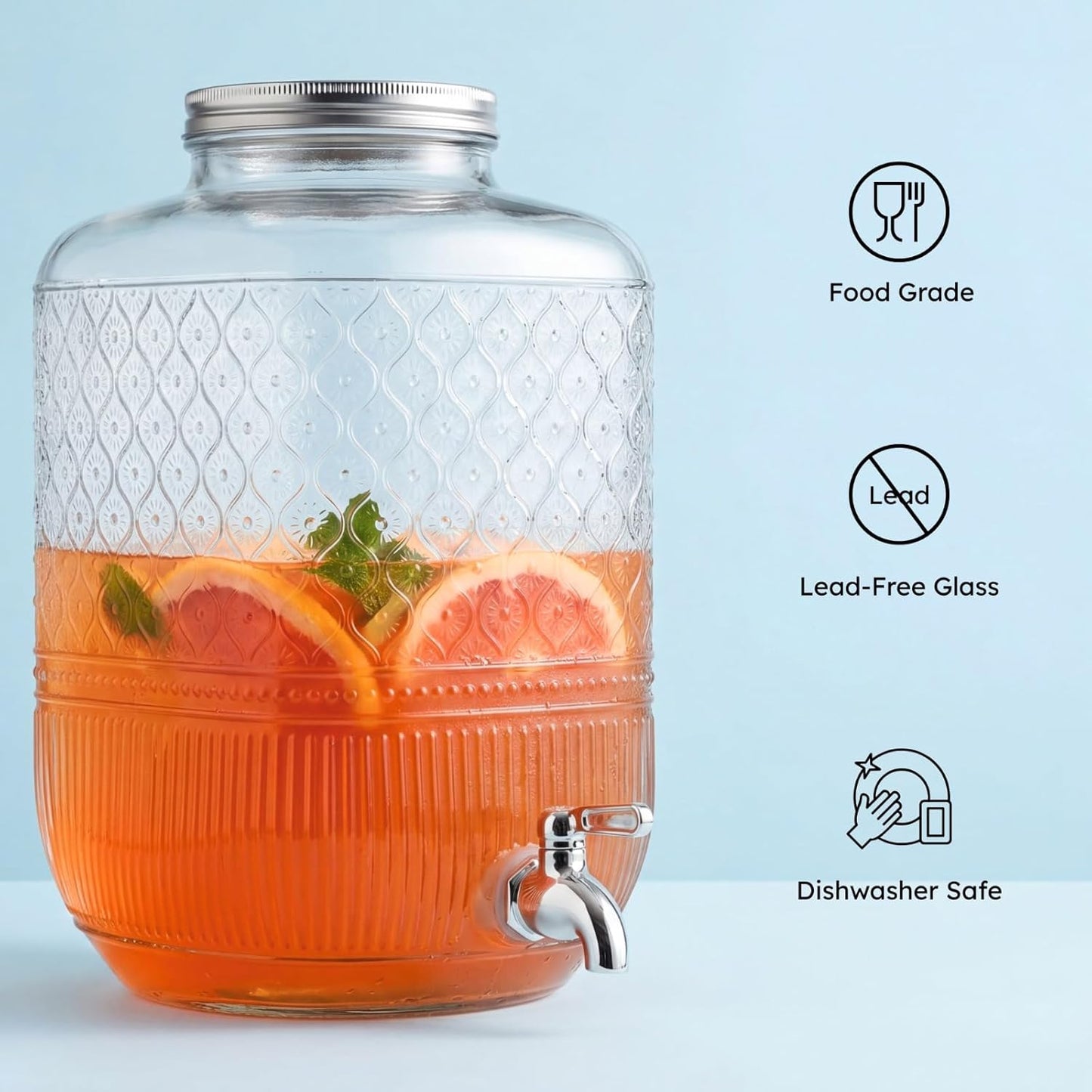 Godinger Drink Dispenser 2 Gallon, Large Glass Water Dispenser - (256oz) Blush
