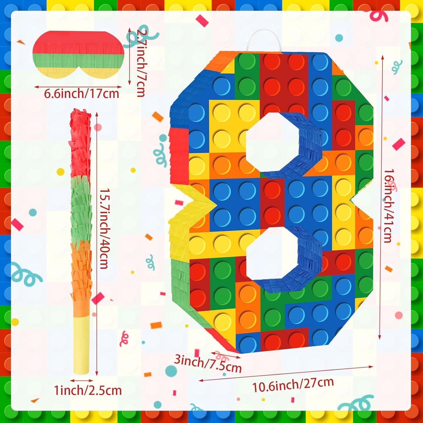 Number 7 Pinata Building Blocks with Pinata Stick Blindfold 7th Birthday Party Decorations Happy Birthday Building Block Theme Anniversary Party Supplies for Kids (Small, 16 x 10.6 x 3 in)