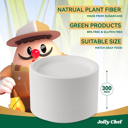 JOLLY CHEF Compostable Heavy Duty Plates 𝟭𝟬 𝗜𝗻𝗰𝗵 [𝟯𝟬𝟬 𝗣𝗮𝗰𝗸] Eco-Friendly Disposable Paper Plates Made of Bagasse Biodegradable Bulk for Party Dinner Sugarcane Thanksgiving Day (Natural)