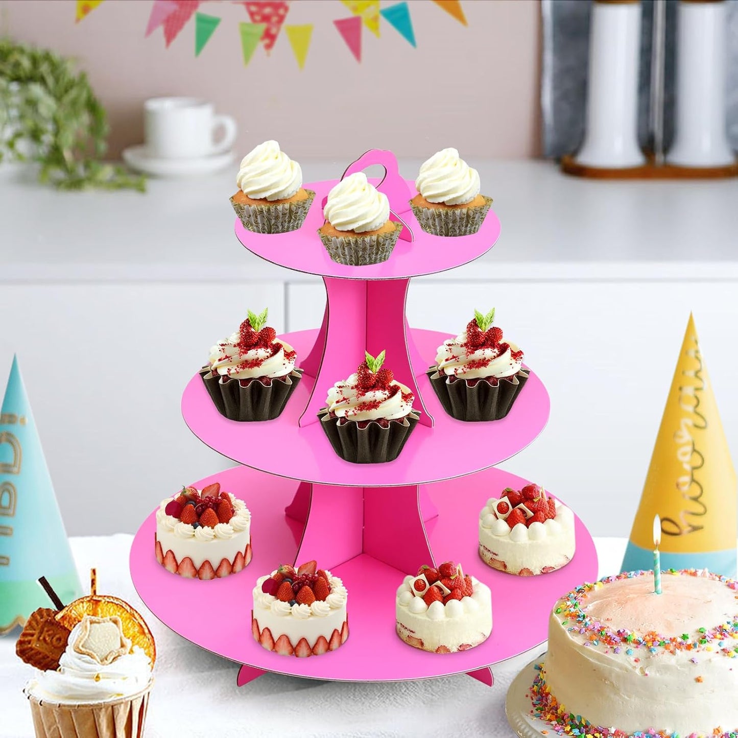 Soleebee 3-Tier Round Cupcake Stand, Cardboard Cupcake Tower, Dessert Cup Cake Stand Tower for Birthday Wedding Party Decoration, Cupcake Tier Stand 1 Set (Hot Pink)