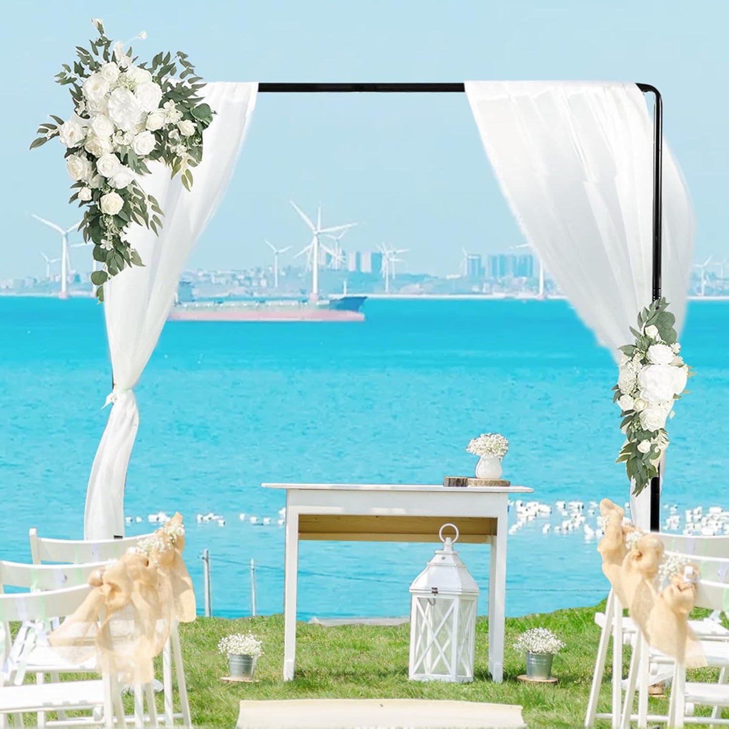 8.2FT Square Wedding Arch Backdrop Stand,Balloon Arch Stand, Metal Gold Backdrop Adjustable Stand Heavy Duty, Extra 2 Clamps Change Over The Table Rod Stand for Party Decoration,Garden Trellis Frame
