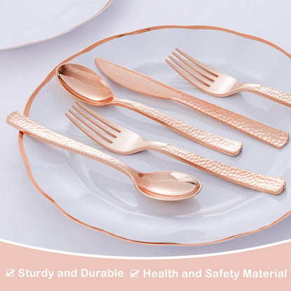 Supernal 180Pcs Silver Plastic Silverware Set, Elegant Hammered Design Heavy Duty Disposable Cutlery, Includes 60 Forks, 60 Knives, 60 Spoons,Silver Plastic Utensils for Wedding, Parties,Events