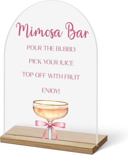 Acrylic Arch Mimosa Bar Sign, Pink Bow Champagne Acrylic Mimosa Bar With Base Supplies For Baby Shower Bridal Shower, Birthday, Bachelorette Engagement Party, Welcome Sign For Table Party -A14
