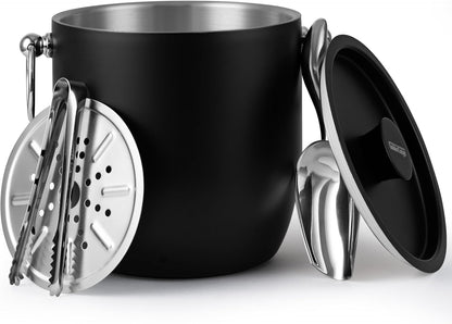 Insulated Ice Bucket, 3L Double Wall Stainless Steel Ice Bucket with Tongs,Lid, Scoop and Strainer, Ice Buckets for Parties,Cocktail Bars, Chilling Beer, Champagne, Wine Bottles,Wood