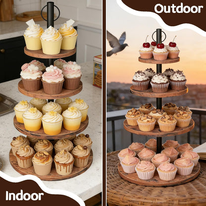 Cupcake Stand, 2 Pack Rustic Wood Cake Stand, 3 Tier Cupcake Tower Round Tiered Tray Stand for Dessert Table Display, Industrial Wooden Serving Stand Wedding, Graduation and Baby Shower