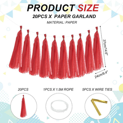 MECCANIXITY 20Pcs Tassel Garland Banner Tissue Paper for Streamers Party Decorations, Valentine's Day Birthday Decor for Women with Rope and Tie Wire (Pink, 14.6Inch)