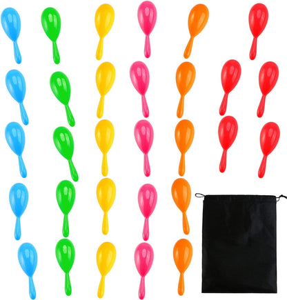 Resinta 30 Pieces Neon Maracas Shakers Mini Noisemaker Bulk Colorful Noise Maker with Drawstring Bag for Mexican Fiesta Party Favors Musical Instrument, 4 Inch, 6 Color