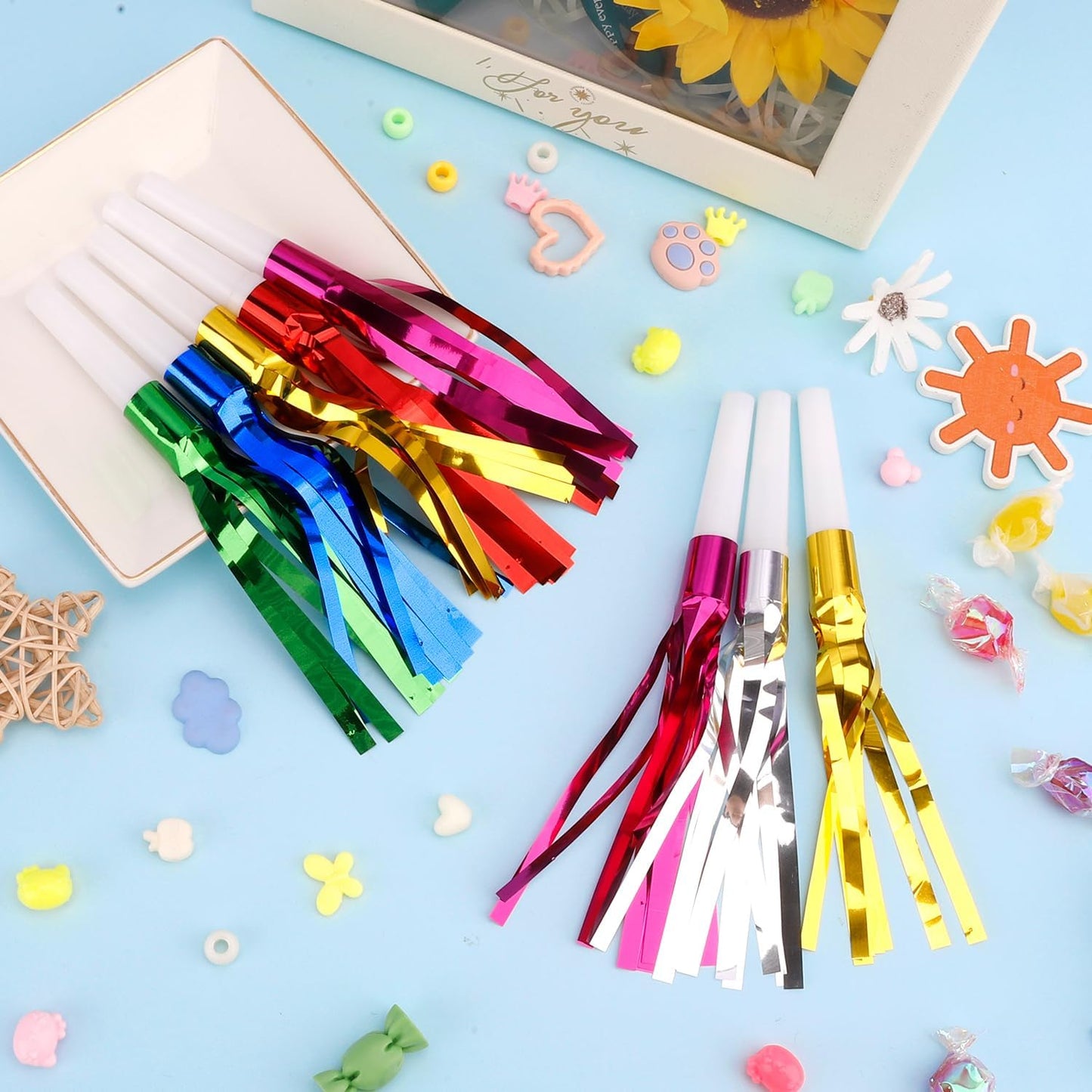 Noise Makers, 24 PCS Gold Noise Makers, Glitter Metallic Fringed Party Blowers Noisemakers Horns for Adults for Birthday Sporting Events Christmas 2025 New Year Eve Party Favor Supplies Decorations