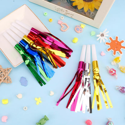 Noise Makers, 24 PCS Gold Noise Makers, Glitter Metallic Fringed Party Blowers Noisemakers Horns for Adults for Birthday Sporting Events Christmas 2025 New Year Eve Party Favor Supplies Decorations