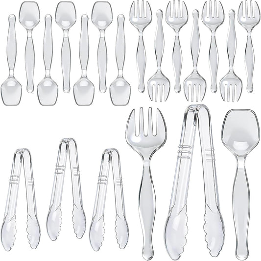 Plastic Serving Utensils, Clear Serving Spoons Set Including 4 Disposable Plastic Tongs 8 Spoons and 8 Forks Supplies for Catering, Entertaining and Parties