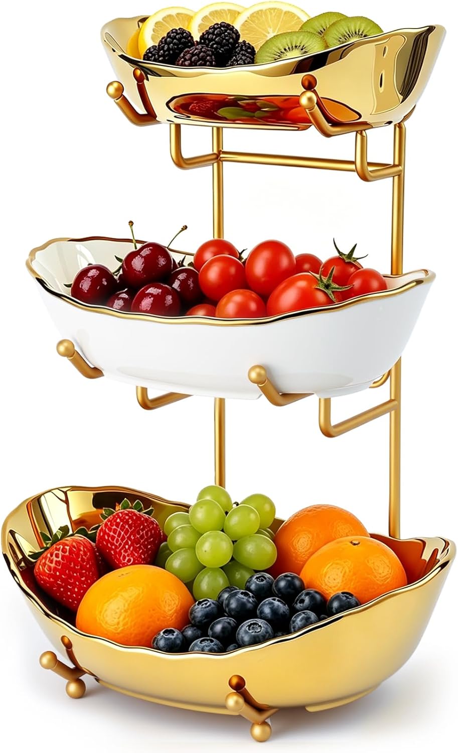 Ceramic Fruit Bowl for Kitchen Counter - 3 Tier Fruit Basket with Metal Stand, Tiered Fruit Stand for Countertop, Snack, Nuts, Cake, Dessert, Cute (Gold, Small) 1