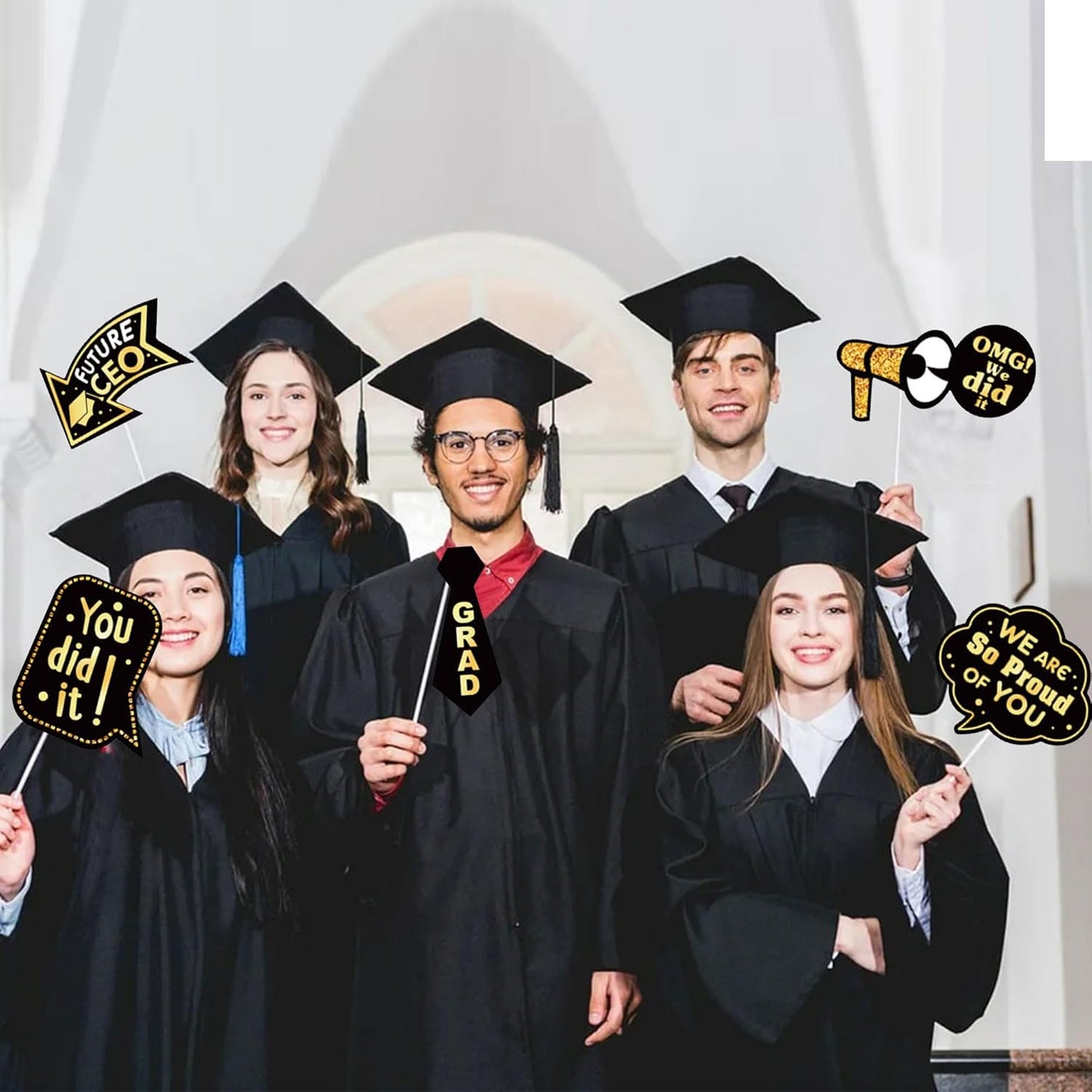 2026 Graduation Photo Booth Props & Selfie Frame Set, 30Pcs Black Gold Congrats Grad Party Photo Props with 1Pc Selfie Frame for Class of 2026 Graduation Decorations Party Supplies Gifts